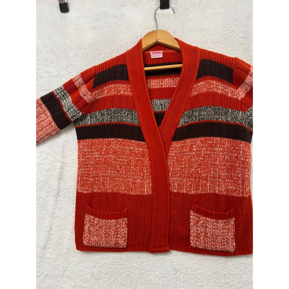 Vtg Scotch English Striped Knit Cardigan Sweater Hipster‎ 80s Red Brown Women M